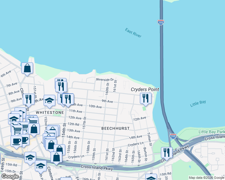 map of restaurants, bars, coffee shops, grocery stores, and more near 161-8 Powells Cove Boulevard in Queens