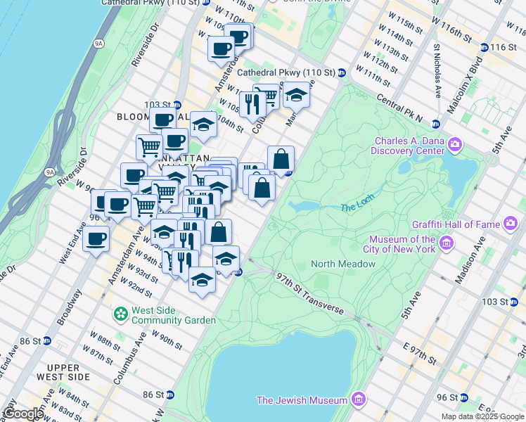 map of restaurants, bars, coffee shops, grocery stores, and more near 1 West 100th Street in New York