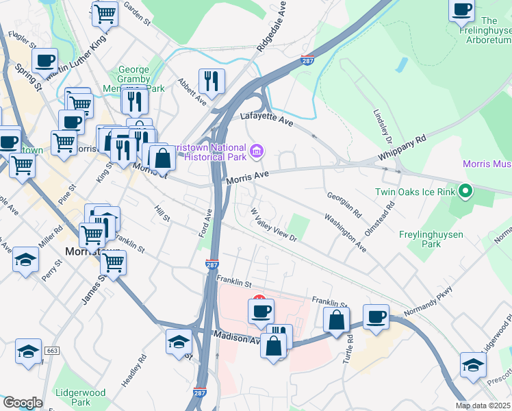 map of restaurants, bars, coffee shops, grocery stores, and more near 1 Washington Avenue in Morristown
