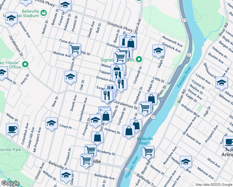 map of restaurants, bars, coffee shops, grocery stores, and more near 1 Essex Street in Belleville