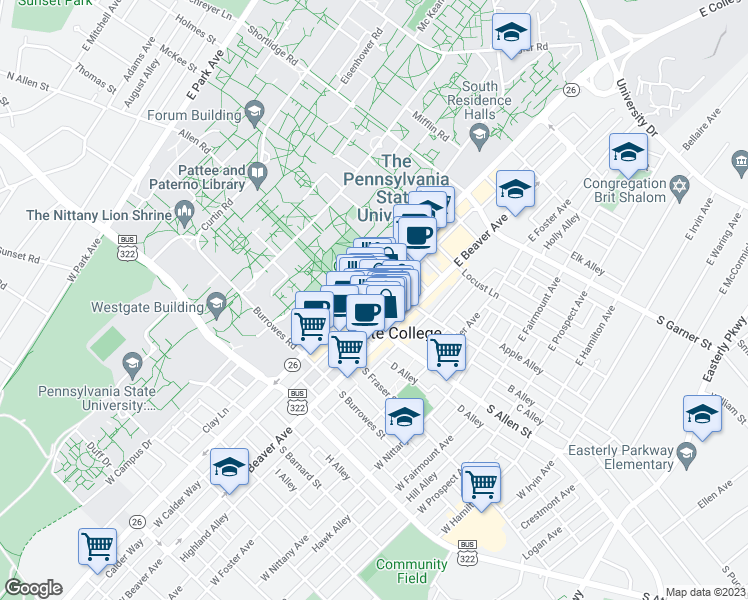 map of restaurants, bars, coffee shops, grocery stores, and more near 112 East College Avenue in State College