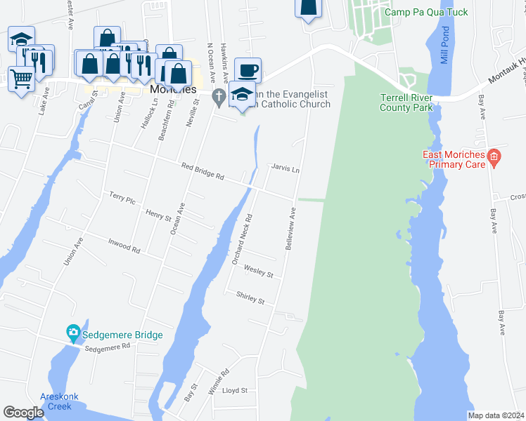 map of restaurants, bars, coffee shops, grocery stores, and more near 7 Orchard Neck Road in Center Moriches