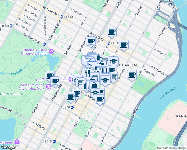 map of restaurants, bars, coffee shops, grocery stores, and more near in New York