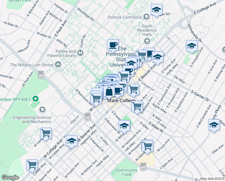 map of restaurants, bars, coffee shops, grocery stores, and more near 100 East College Avenue in State College