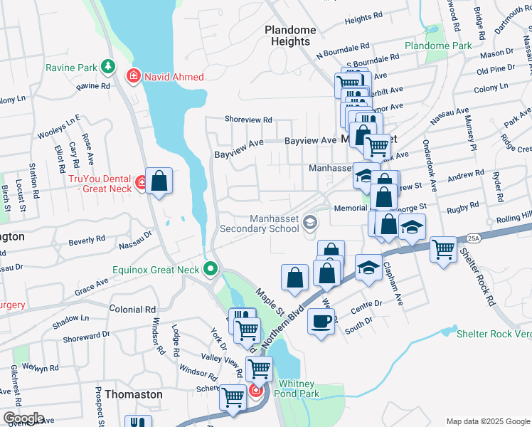 map of restaurants, bars, coffee shops, grocery stores, and more near 225 Thompson Shore Road in Manhasset
