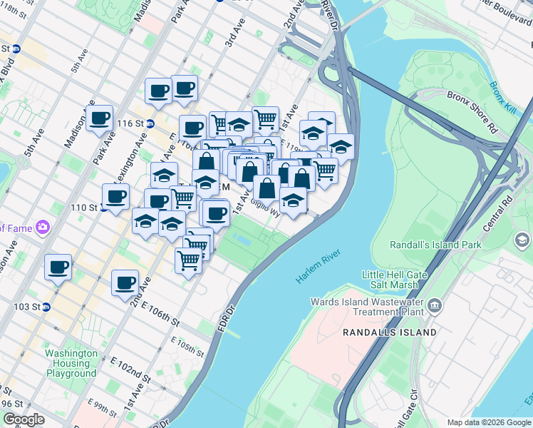 map of restaurants, bars, coffee shops, grocery stores, and more near 429 East 114th Street in New York