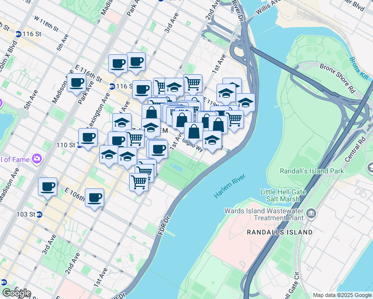map of restaurants, bars, coffee shops, grocery stores, and more near 429 East 114th Street in New York