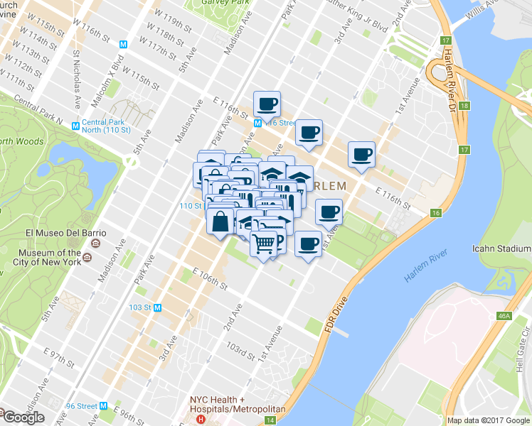 map of restaurants, bars, coffee shops, grocery stores, and more near 236 East 111th Street in New York