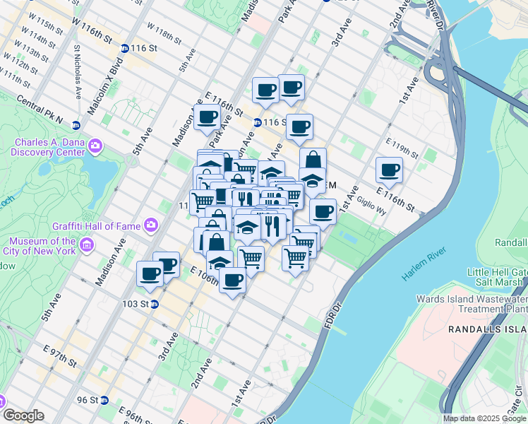 map of restaurants, bars, coffee shops, grocery stores, and more near 236 East 111th Street in New York