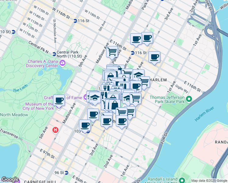 map of restaurants, bars, coffee shops, grocery stores, and more near 169 East 109th Street in New York