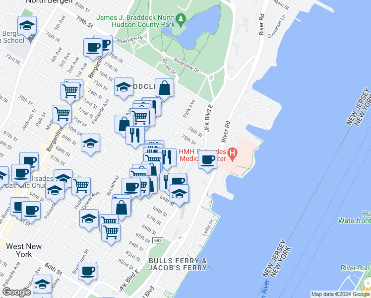 map of restaurants, bars, coffee shops, grocery stores, and more near 7301 Boulevard East in North Bergen