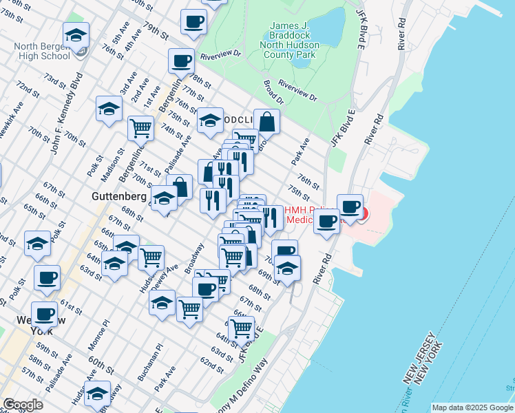 map of restaurants, bars, coffee shops, grocery stores, and more near 7203 Park Avenue in North Bergen