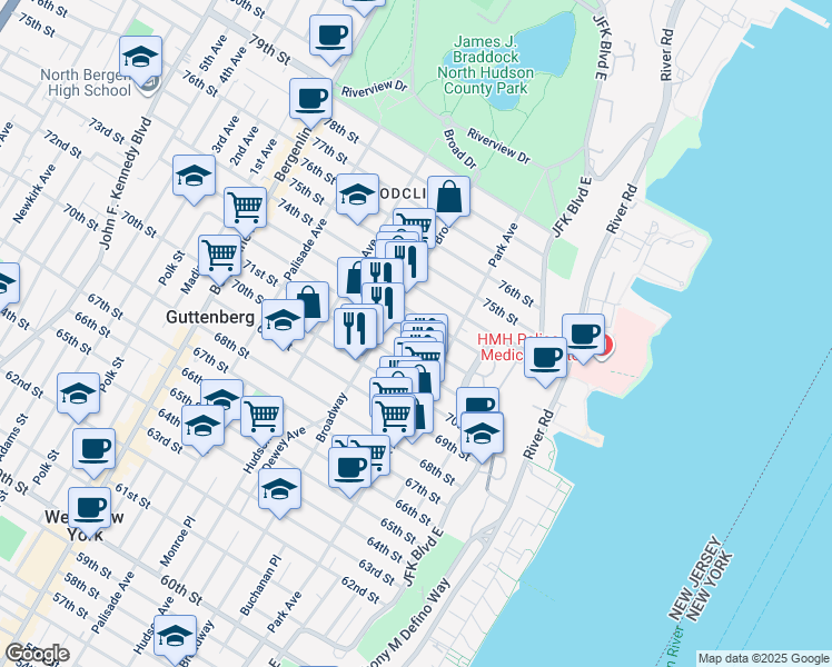 map of restaurants, bars, coffee shops, grocery stores, and more near in Hudson County