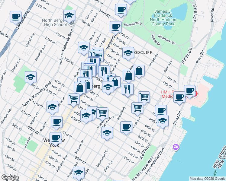 map of restaurants, bars, coffee shops, grocery stores, and more near 315 69th Street in Guttenberg