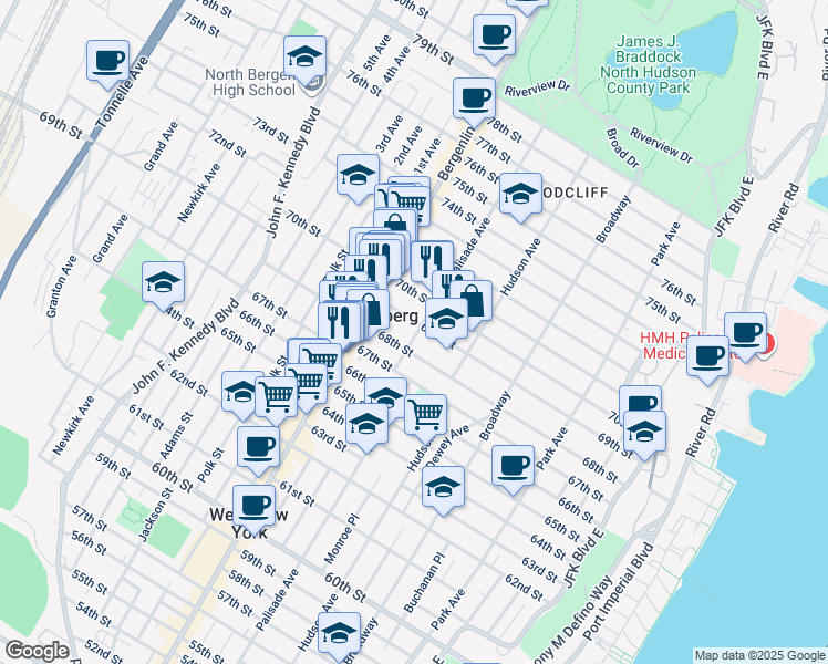 map of restaurants, bars, coffee shops, grocery stores, and more near 340 68th Street in Guttenberg