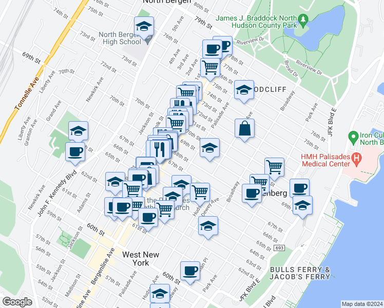 map of restaurants, bars, coffee shops, grocery stores, and more near 340 68th Street in Guttenberg