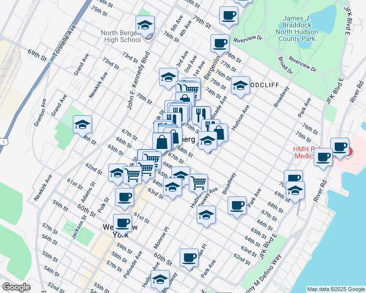 map of restaurants, bars, coffee shops, grocery stores, and more near 340 68th Street in Guttenberg