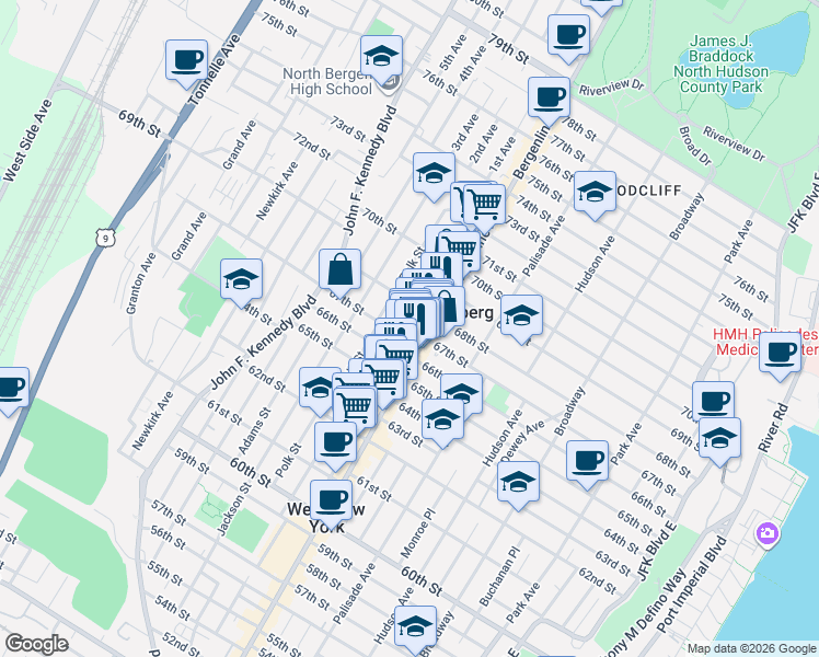 map of restaurants, bars, coffee shops, grocery stores, and more near 509 67th Street in West New York