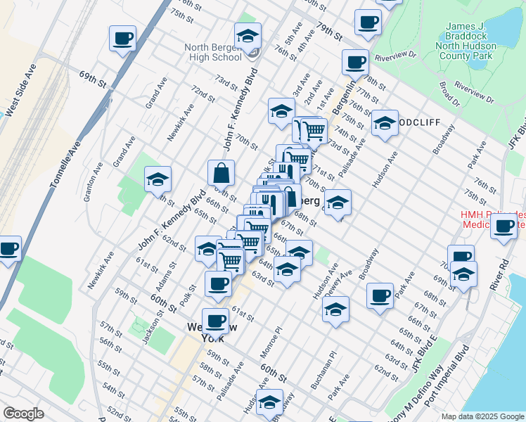 map of restaurants, bars, coffee shops, grocery stores, and more near 509 67th Street in West New York
