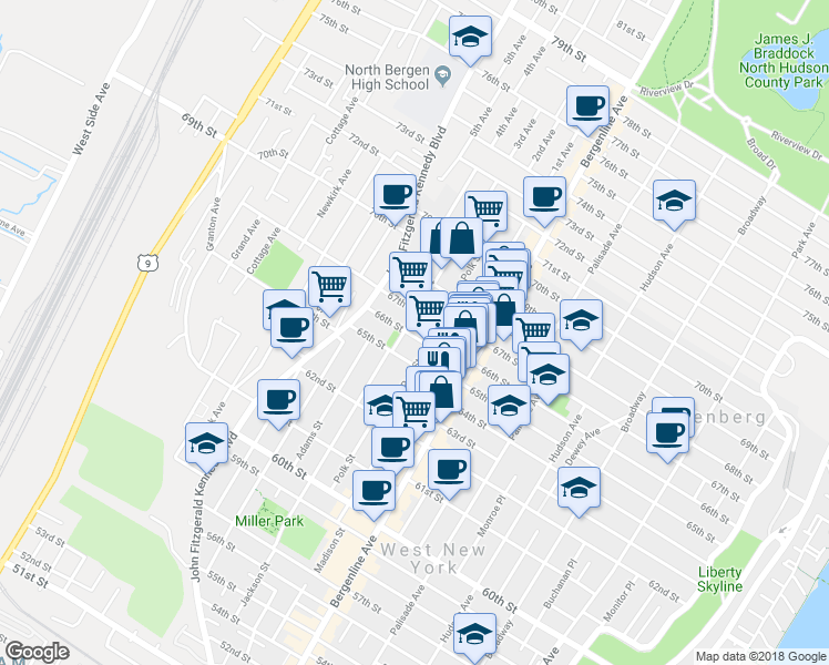 map of restaurants, bars, coffee shops, grocery stores, and more near 6518 Polk Street in West New York