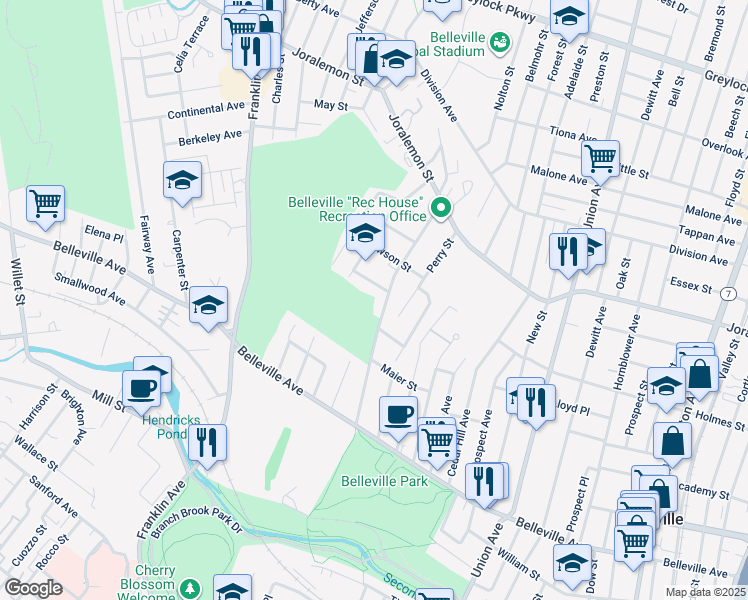 map of restaurants, bars, coffee shops, grocery stores, and more near 106 Garden Avenue in Belleville