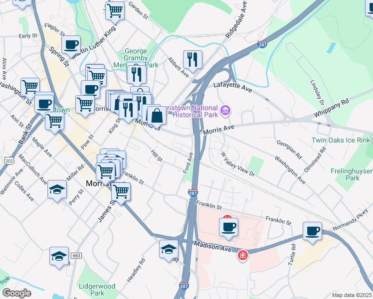map of restaurants, bars, coffee shops, grocery stores, and more near 70-74 Hillside Terrace in Morristown