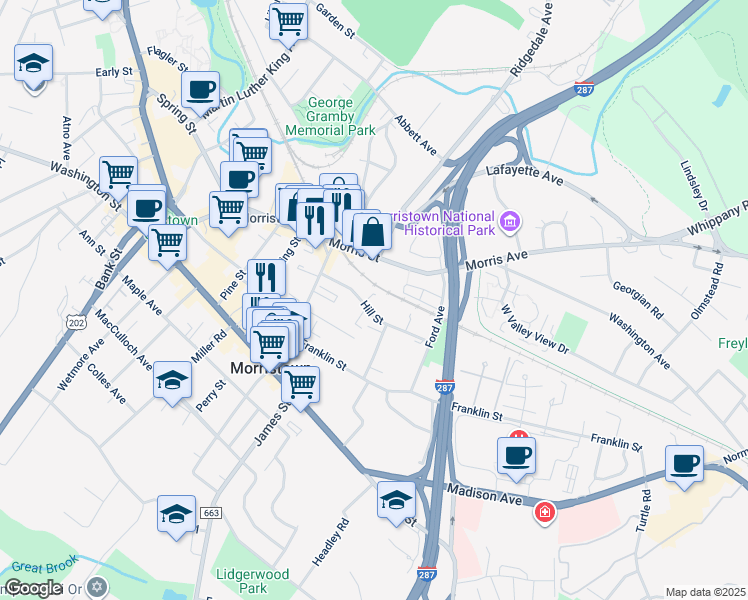 map of restaurants, bars, coffee shops, grocery stores, and more near 45 Hill Street in Morristown