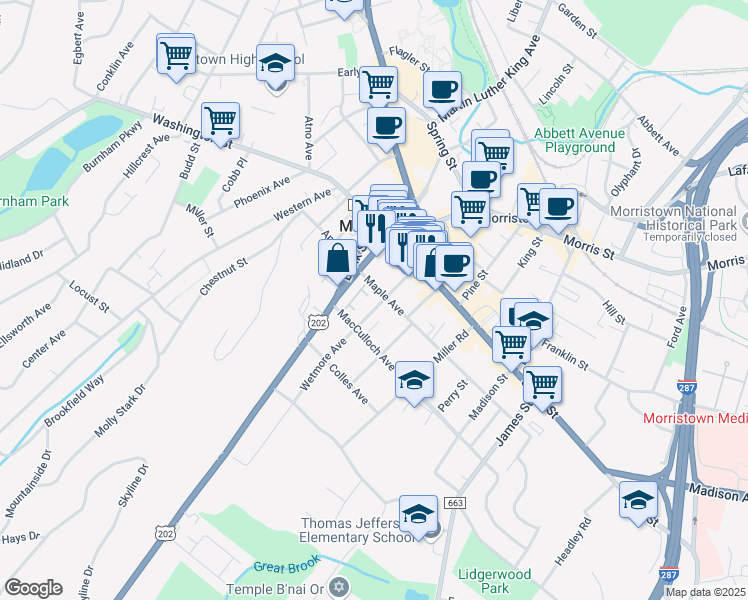 map of restaurants, bars, coffee shops, grocery stores, and more near 36 Dehart Street in Morristown