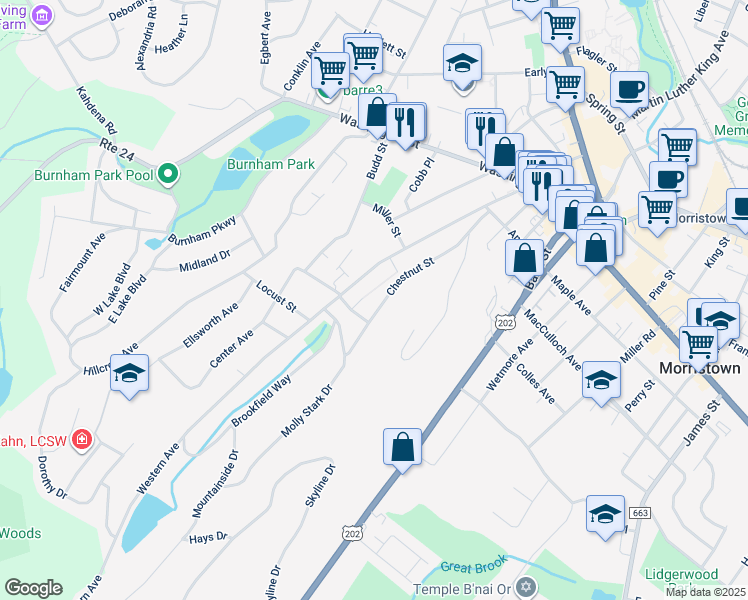 map of restaurants, bars, coffee shops, grocery stores, and more near 82 Chestnut Street in Morristown