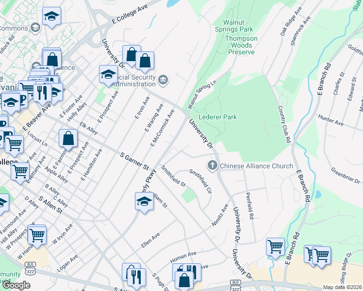 map of restaurants, bars, coffee shops, grocery stores, and more near 463 Kemmerer Road in State College