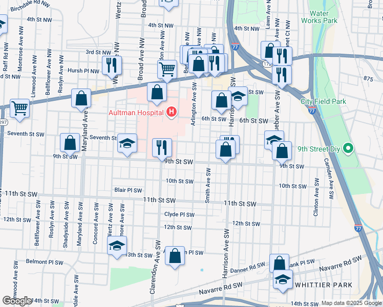 map of restaurants, bars, coffee shops, grocery stores, and more near 2319 9th Street Southwest in Canton