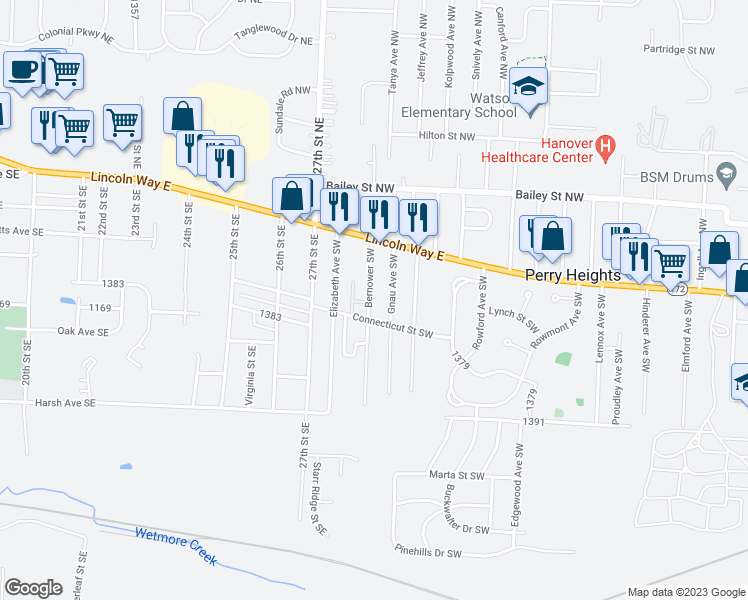 map of restaurants, bars, coffee shops, grocery stores, and more near 189 Gnau Avenue Southwest in Massillon