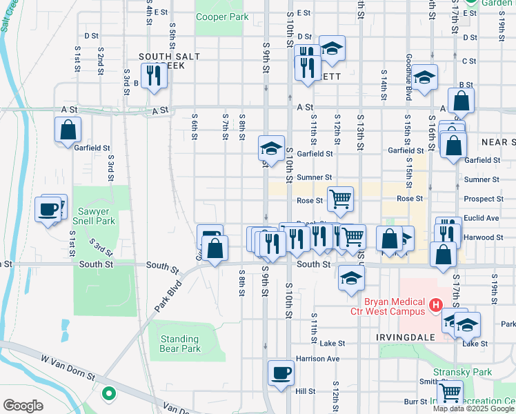 map of restaurants, bars, coffee shops, grocery stores, and more near 820 Peach Street in Lincoln