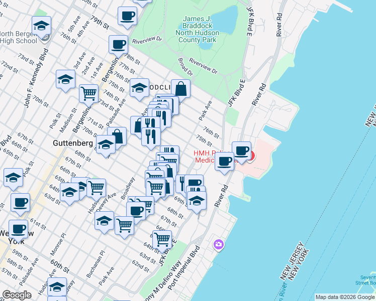 map of restaurants, bars, coffee shops, grocery stores, and more near 7301 Boulevard East in North Bergen