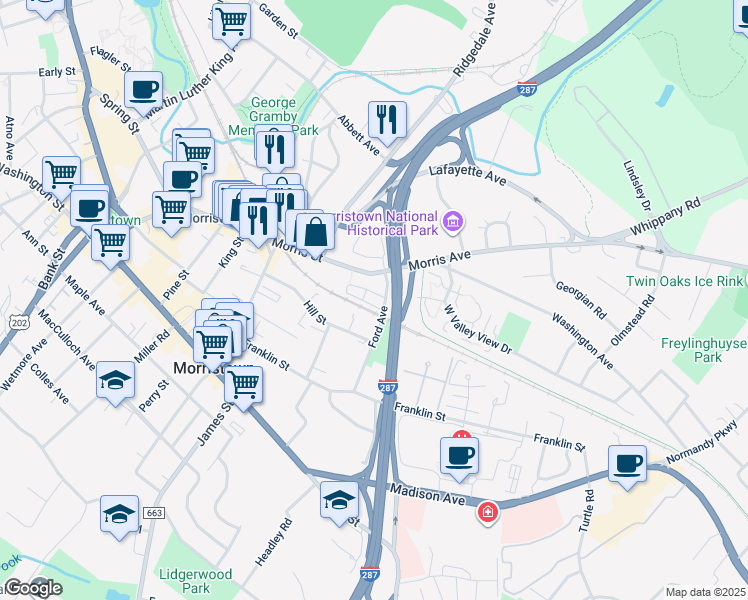 map of restaurants, bars, coffee shops, grocery stores, and more near 70-74 Hillside Terrace in Morristown