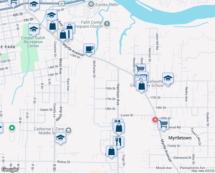 map of restaurants, bars, coffee shops, grocery stores, and more near 1612 Dean Street in Eureka