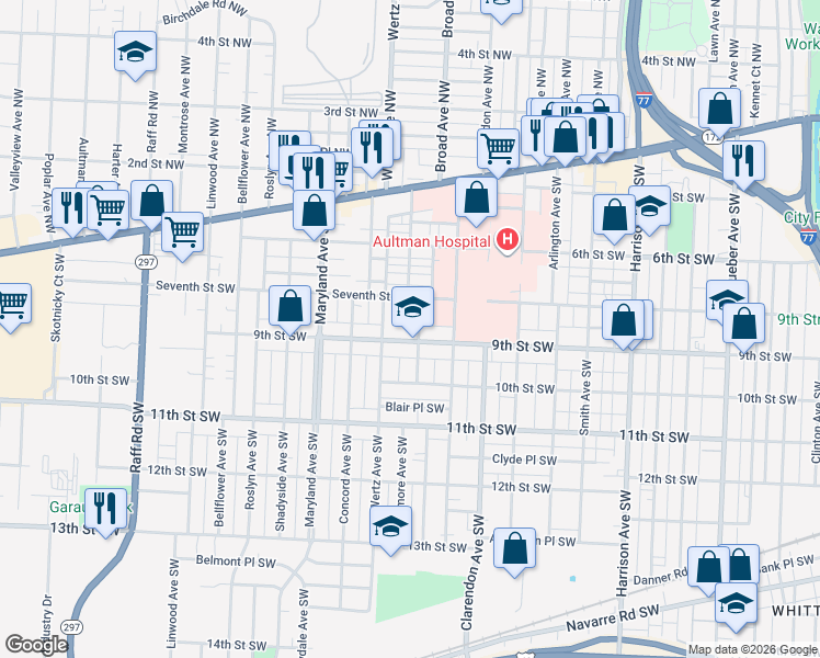 map of restaurants, bars, coffee shops, grocery stores, and more near 2823 9th Street Southwest in Canton