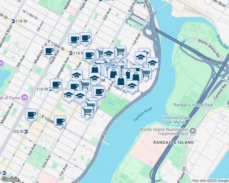 map of restaurants, bars, coffee shops, grocery stores, and more near 413 East 114th Street in New York