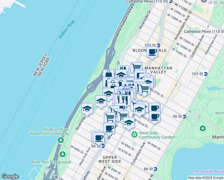 map of restaurants, bars, coffee shops, grocery stores, and more near 315 West 94th Street in New York