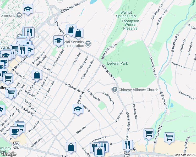 map of restaurants, bars, coffee shops, grocery stores, and more near 463 Kemmerer Road in State College