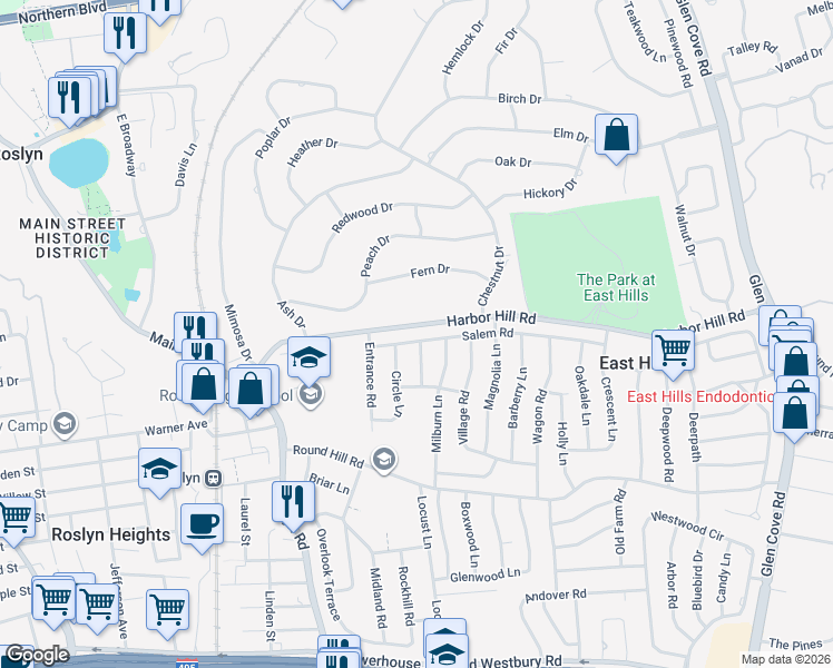 map of restaurants, bars, coffee shops, grocery stores, and more near 10 Primrose Lane in Roslyn Heights