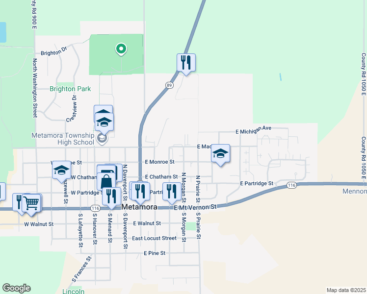 map of restaurants, bars, coffee shops, grocery stores, and more near 413 North Morgan Street in Metamora