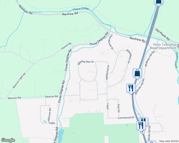 map of restaurants, bars, coffee shops, grocery stores, and more near 480 Three Degree Road in Renfrew