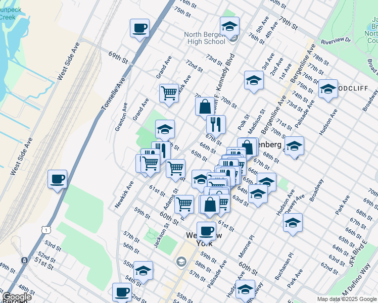 map of restaurants, bars, coffee shops, grocery stores, and more near 6312 Jefferson Street in West New York