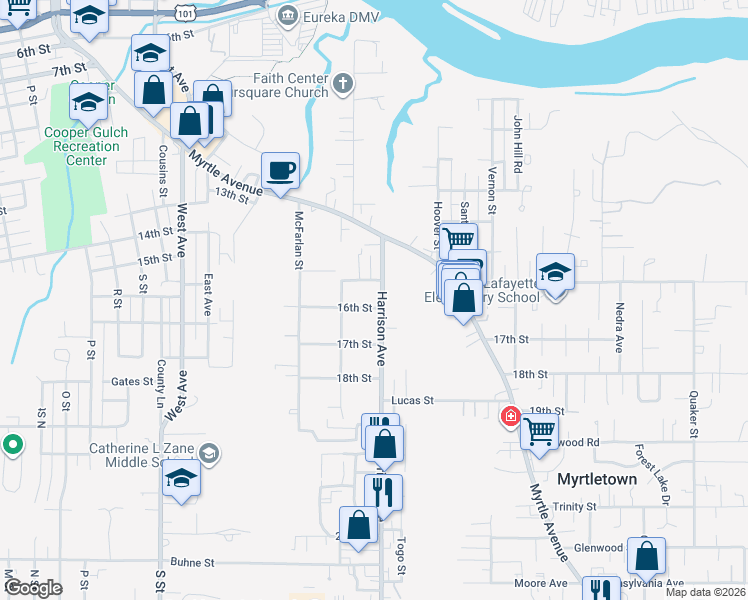 map of restaurants, bars, coffee shops, grocery stores, and more near 1534 Harrison Avenue in Eureka