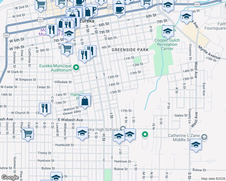 map of restaurants, bars, coffee shops, grocery stores, and more near 1434 J Street in Eureka