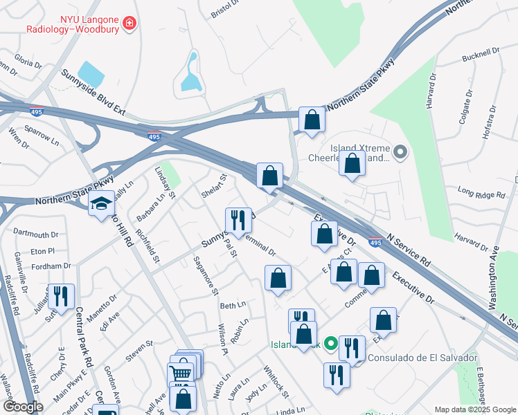 map of restaurants, bars, coffee shops, grocery stores, and more near 150 Sunnyside Boulevard in Plainview