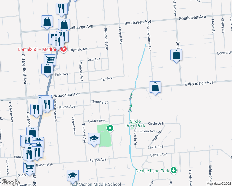 map of restaurants, bars, coffee shops, grocery stores, and more near 116 East Woodside Avenue in Patchogue