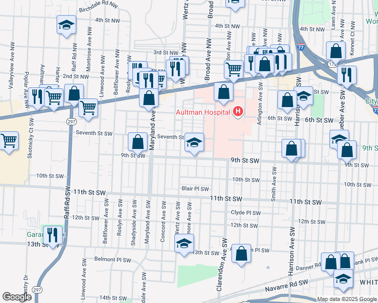 map of restaurants, bars, coffee shops, grocery stores, and more near 2823 9th Street Southwest in Canton