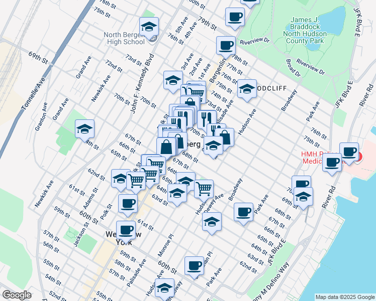 map of restaurants, bars, coffee shops, grocery stores, and more near 416 68th Street in Guttenberg